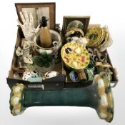 Assorted ceramics including a palmistry hand, figurines, tea china, a soda siphon,