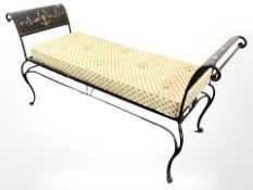 An early 20th century Toleware window seat, with floral upholstered cushion, 145 cm x 46 cm x 70 cm.