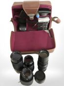 A leather camera bag and contents, several lenses including Pentax 1:2 50mm lens,