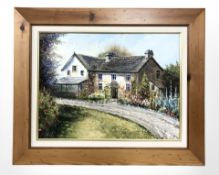 Dallas K Taylor : Study of a cottage with greenhouse, oil on board, 37 cm x 50 cm.