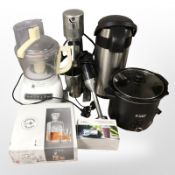 A group of culinary wares including blender, Russell Hobbs soup kettle,