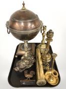 A Victorian copper and brass globular samovar, a lion mask door knocker,