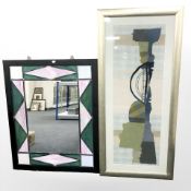 A mirror with leaded and stained glass surround, overall 94 cm x 73 cm,