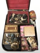 A Victorian rosewood jewellery box containing assorted jet items, antique spectacles,