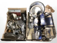 Assorted stainless steel and EPNS wares including serving platters, pewter dishes, cutlery,