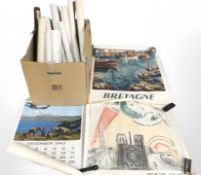 A collection of rolled lithographic posters including tourism, gallery posters, etc.