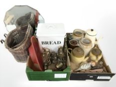 An enameled bread bin, earthenware tea pots and storage jars, brass wall sconces, goblets,