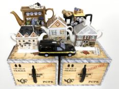 A group of Ringtons novelty tea pots and a money box, two with original boxes.