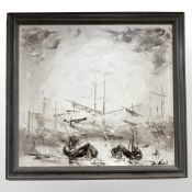 Danish School : Tall ships moored in a harbour, oil on canvas,