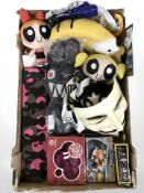 A group of toys and figurines including Power Puff Girls, Lego Racers set,