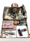 An inlaid mahogany mantle clock, knife rests, brass door furniture, die cast model ships,