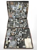 Three boxes of vintage printing blocks.