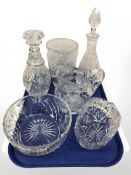 Six pieces of cut crystal and glass including decanters, wine cooler, etc.