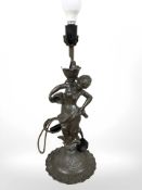 A patinated spelter figural table lamp in the form of a lady, overall height 63 cm.