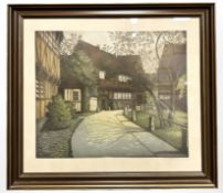 Danish School : A street in a town, colour etching, indistinctly signed,