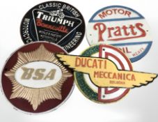 Four painted metal plaques comprising Triumph, BSA, Pratts and Ducati, largest 34 cm wide.
