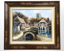 Dallas K Taylor : Village scene with stone bridge and waterfall, oil on board, 32 cm x 40 cm.