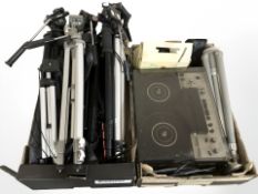 A Tandberg reel to reel player, together with a group of camera tripods, pair of headphones, etc.