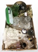 A brass bankers style desk lamp, pressed glass dressing table items, paperweights, earthenware mask,