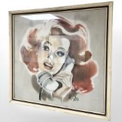 A vintage colour print depicting a lady on the telephone,