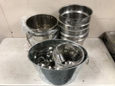 A group of stainless steel buckets, goblets, a 12 litre champagne bucket, etc.