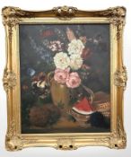 S Ambrose (20th century) Still life of flowers and fruit, oil on canvas laid to board, 60cm by 50cm.