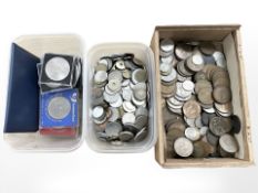 Assorted coins including crowns, decimal set, British pre-decimal and other world coins, three tubs,