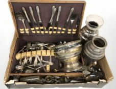 A cutlery canteen and assorted EPNS cutlery, other table wares, silver plated pedestal bowl, etc.