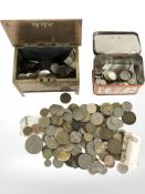 An Arts and Crafts copper and brass miniature chest and a Russian tin containing assorted world