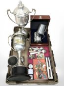 A group of pool trophies, boxed Royal Selangor tankard, various EPNS cutlery,