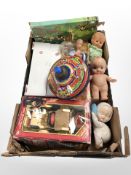 A group of vintage dolls, Chad Valley children's spinning top, Tommy Atomic robot toy,