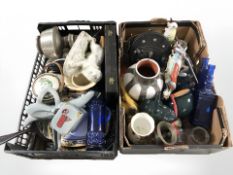 Assorted ceramics, glass wares, two large fishing reels, oil lamp base, figurines, etc.