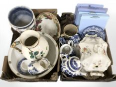 A group of Wedgwood collectors plates, Churchill willow pattern tea china, Italian ceramic planter,