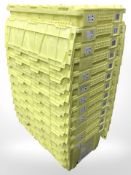 Twelve stackable plastic storage boxes,