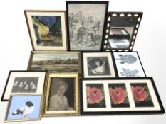 A group of pictures and prints, decorative inlaid framed mirror,