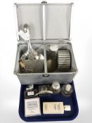 A group of fragrances including Miss Dior (opened), a silver plated hand mirror, compact, etc.