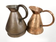 Two Victorian copper harvest jugs, tallest 38 cm.