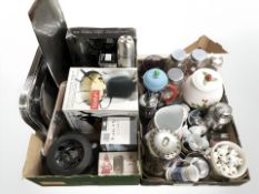 A group of homewares including fondue set, coffee set, stainless steel serving trays,