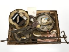 Assorted metal wares, skillets, lighter, folding knife, cutlery, etc.