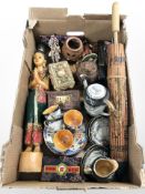 Oriental wares including a parasol, Japanese export tea china, hand fans, carvings,