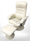A cream leather electric reclining lounge armchair and matching footstool
