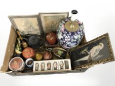 Oriental wares including pictures, ceramic lamp base, hand fans, Japanese cast iron tea pot, etc.