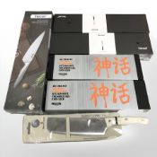 A Hecef five piece stone wash hollow handle knife set, two further 7