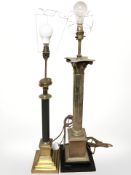 Two brass columnar table lamps, tallest 83 cm high overall.