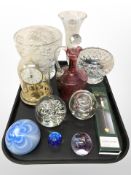 A group of glass paperweights, Georg Jensen Christmas candle holder,