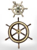 Two early 20th century wooden and brass-mounted ship's wheels,