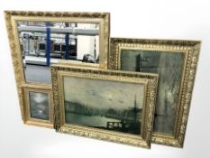 A gilt framed mirror, length 70 cm, together with two prints after Atkinson Grimshaw,