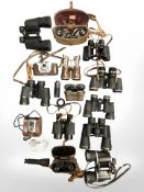 A collection of binoculars including Zeiss, camera, telescope, monocular, opera glasses, etc.