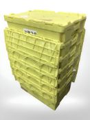Six stackable plastic storage boxes,
