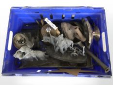 A group of metal wares, copper tea pot, coffee grinder, iron, etc.